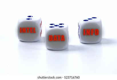 Intel Data and Info words on three red dice to illustrate the odds or chances of finding accurate facts or information