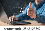 intellect, innovation, software, tech, artificial intelligence, development, futuristic, automation, artificial, ai. A person is giving a thumbs on AI HUD. Concept of excitement towards the technology