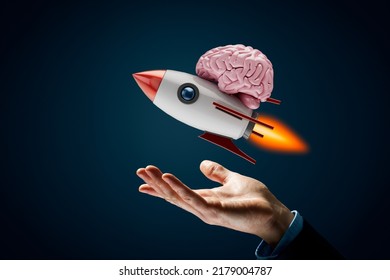 Intellect, intelligence, innovation and cognitive abilities of brain improvement concept. Cartoon rocket holding brain flies up. - Shutterstock ID 2179004787