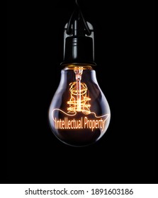 An intellectual Property concept inside a lit lightbulb on a black background.