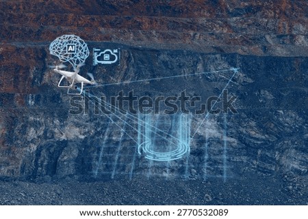 Intelligence ai assistant cloud drone surveying open pit with holographic mapping projection for exploration and geospatial site analysis.