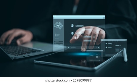 Intelligence artificial futuristic and technology development, Businessman using the AI chat system to find answers to questions, Software for chat with AI, AI network of brain on business analysis.  