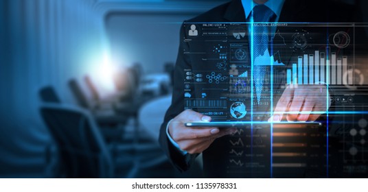 Intelligence (BI)   business analytics (BA) and key performance indicators (KPI) dashboard concept Website designer working digital tablet   smart phone 