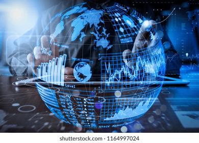 Intelligence (BI) And Business Analytics (BA) With Key Performance Indicators (KPI) Dashboard In VR Globe Form Concept.business Man Hand Working On Digital Tablet Computer With Digital Layer Business