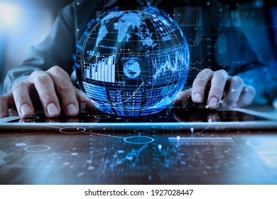 Intelligence (BI) and business analytics (BA) with key performance indicators (KPI) dashboard in VR globe form concept.business man hand working on laptop computer with digital layer business strategy