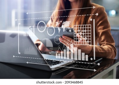 Intelligence (BI) and business analytics (BA) with (KPI) dashboard concept.Website designer working in come digital tablet computer laptop.and smart phone. - Shutterstock ID 2093468845