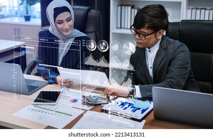 Intelligence And Business Analytics With Key Performance Indicators Dashboard Concept.StartUp Programming As Fintech Concept.Business Asian Team Meeting. Photo Professional Investor  At Modern Office
