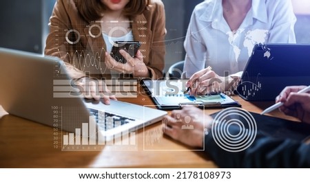 Intelligence and business analytics with key performance indicators dashboard concept.StartUp Programming as Fintech concept.Business team meeting. Photo professional investor   Imagine de stoc © 