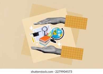 Intelligence concept collage image hands protecting school supplies love to study get knowledge back school creative background - Powered by Shutterstock