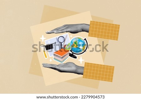 Intelligence concept collage image hands protecting school supplies love to study get knowledge back school creative background