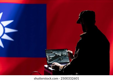 Intelligence officer isolated over Taiwan flag monitoring China border using radar. Taiwanese freedom fighter engaged in surveillance mission using laptop, looking at world map - Powered by Shutterstock