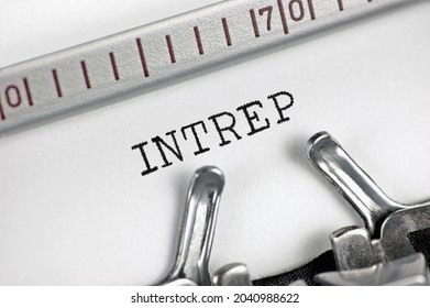 Intelligence Report Acronym INTREP Text Macro Closeup, Typewriter Typed Intel Insight Facts Summary Reporting Document Concept, Brief Concise Operations Issues Memo Bulletin Notice Operational Letter