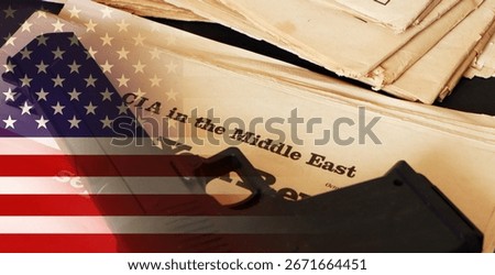 Intelligence wars in the Middle East.The headline of the old newspaper with the gun on it ''CIA in the Middle East''.
