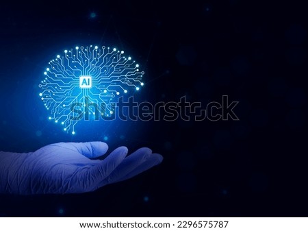 Intelligent AI learning system. Concept of use of data and algorithms, learning and development of AI in medicine and health. Cybernetic intelligent brain. Isolated doctor hand.