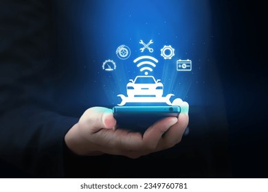 Intelligent car app on smartphone concept, Car app connect, a smart car companion, conveys the idea of an intelligent mobile app for cars. Car service app alert.