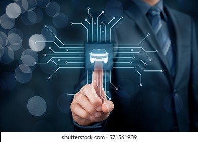 Intelligent car, intelligent vehicle and smart cars concept. Symbol of the car and wireless communication. Abstract chip with symbol of the car connected with abstract devices represented by points. - Powered by Shutterstock