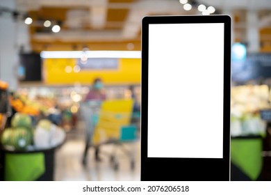 Intelligent Digital Signage , Augmented Reality Marketing And Face Recognition Concept. Interactive Artificial Intelligence Digital Advertisement In Retail Hypermarket Mall.