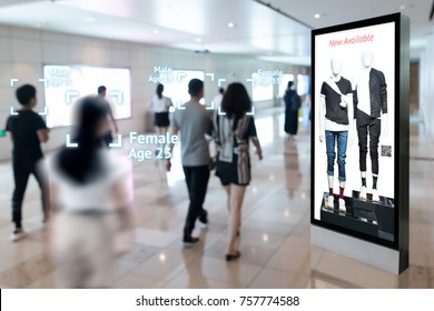 Intelligent Digital Signage , Augmented reality marketing and face recognition concept. Interactive artificial intelligence digital advertisement in retail shopping Mall.