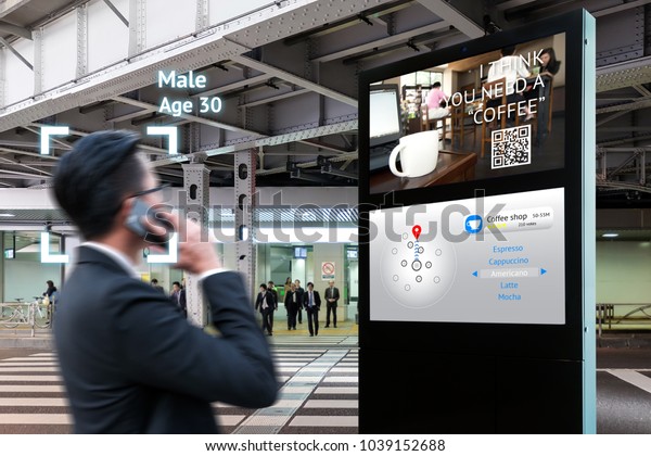 Intelligent\
Digital Signage , Augmented reality marketing and face recognition\
concept. Interactive artificial intelligence digital advertisement\
navigator direction for retail coffee\
shop.