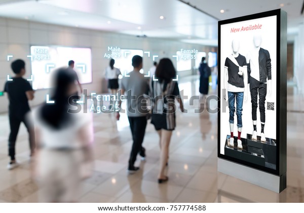 Intelligent Digital Signage ,\
Augmented reality marketing and face recognition concept.\
Interactive artificial intelligence digital advertisement in retail\
shopping Mall.