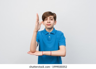 Intelligent Enthusiastic Teen Boy Raises His Hand Up With A Happy Smile To Attract Attention And Answer A Question, Isolated On Light Gray Background