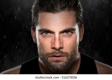 Intense Eyes Stare Powerful Expression Determined Focused Conviction From Masculine Athlete Rain