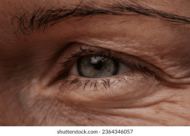 Intense Gaze Close-up Portrait of a Person's Expressive Brown Eye. Expressive close-up portrait of a person with brown eyebrow and eyelashes gazing at camera. - Powered by Shutterstock