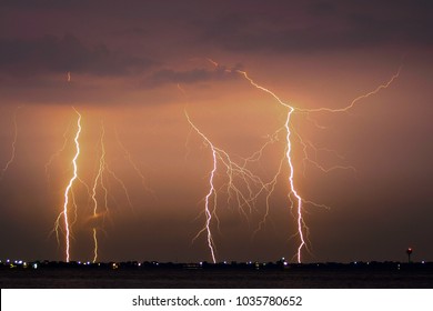 An Intense Lightning Storm Over The Ocean In Eastern North Carolina.