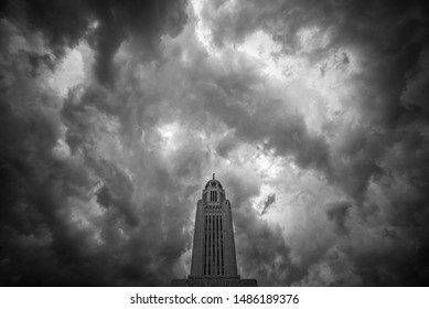 Intense storm clouds over Nebraska State Capitol in Lincoln, Nebraska