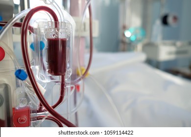 intensive care emergency room with hemodialysis machine (or hemofiltration procedure) close up