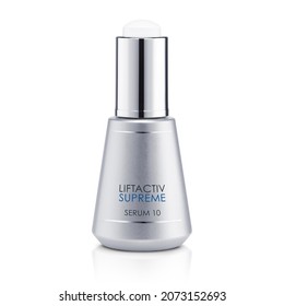 Intensive Skin Hydrating Serum 10 Isolated on White. Gray 30ml Bottle of Liftactiv Supreme Hyaluronic Acid Facial Serum Gel. Skincare Routine.  Collection of Foundation of Anti Aging Hydro Moisturizer