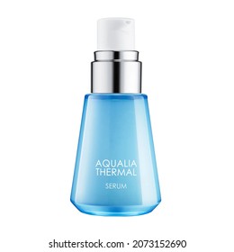 Intensive Skin Hydrating Serum Isolated on White. Blue 30ml Bottle of Aqualia Thermal Hyaluronic Acid Facial Serum Gel. Skincare Routine.  Collection of Foundation of Anti Aging Hydro Moisturizer