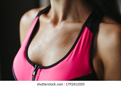 Intensive Work Out. Sweaty Muscular Body Of Sporty Woman, Close Up. Fitness, Activity, Hydration Concept