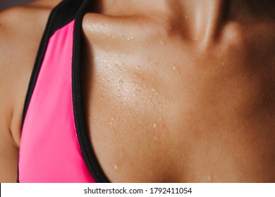 Intensive Work Out. Sweaty Muscular Body Of Sporty Woman, Close Up. Fitness, Activity, Hydration Concept