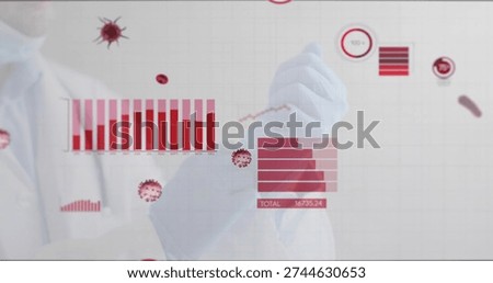 Interacting doctor using data HUD in lab, with lab coat mask glove and numeric total. Clinical, visualization, interface, bargraph, virus, readout, grid