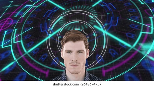 Interacting fair male wearing navy shirt exploring digital grid, glowing HUD rings and radial lines. Futuristic, technology, interface, cyberpunk, digital, innovation, user interface