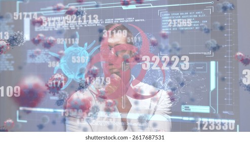 Interacting male scientist exploring floating 3D virus models in lab, with holographic interface. Futuristic, innovation, technology, biomedical, research, data visualization, high-tech