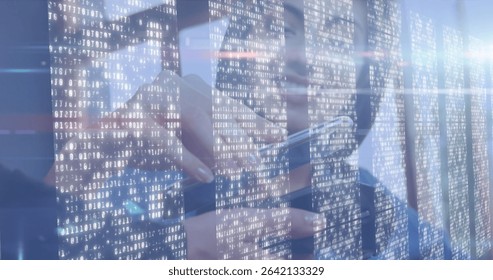 Interacting man wearing eyeglasses tapping smartphone screen near window, with binary code overlay. Technology, innovation, cybersecurity, data, digital, modern, professional