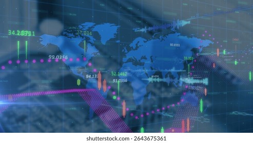 Interacting suited executive editing financial charts with stylus on screen at desk with world map. Technology, finance, innovation, data visualization, business, digital interface, corporate