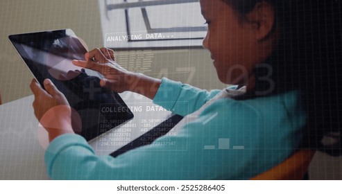 Interacting with tablet, child overlaid with financial data and binary code image. Technology, future, finance, innovation, coding, digital - Powered by Shutterstock