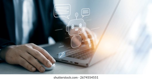  Interaction with AI assistant concept with chatbot icon, digital brain network. Modern technology, artificial intelligence, machine learning, and virtual support.