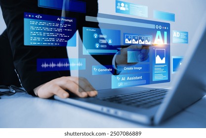 Interaction with the Ai assistant to solve some tasks more easily. Image generator, documents, marketing and advertising, bot writing and coding.Person using laptop with Ai Content Generator. 