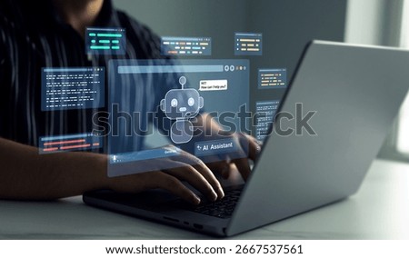 Interaction with the Ai assistant to solve some tasks more easily. Image generator, documents, marketing and advertising, bot writing and coding.Person using laptop with Ai Content Generator.