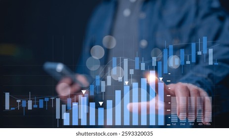 Interactive Business and Financial Analytics Visualization, Businessperson interacting with financial analytics virtual graphs displaying market trends