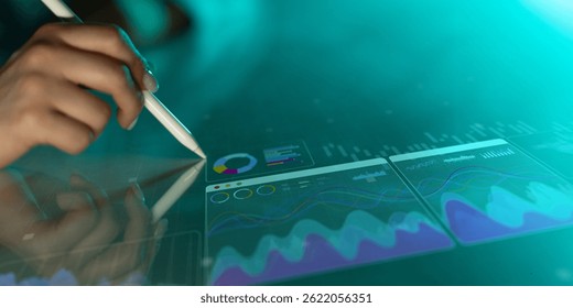 Interactive Data Analytics Dashboard with Business Charts Displayed on Digital Tablet.