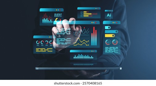 Interactive digital analytics interface with charts, graphs, and AI visuals on dark background, symbolizing innovation and technology