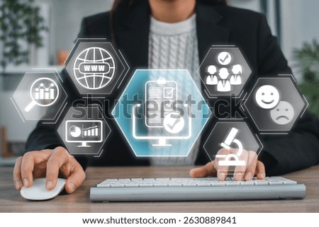 Interactive digital survey interface with icons representing data collection and user feedback on a computer screen.