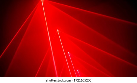 Interactive Exposition In Modern Science Museum Or Exhibition: Laser Show Installation With Red Color Rays Or Beams In Dark Room. Performance, Technology, Visuals, Digital, Contemporary Art Concept