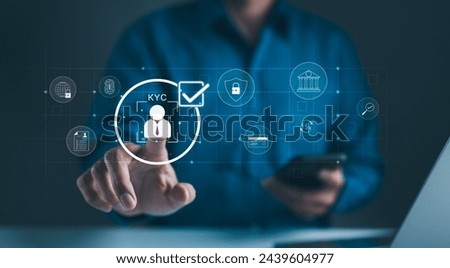 Interactive KYC compliance interface with the user. Business professional interacting with a Know Your Customer (KYC) compliance and security interface on digital screen. Identity verification, E KYC,