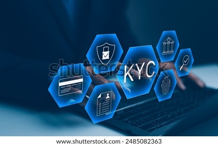 Interactive KYC compliance interface with the user. Business professional interacting with a Know Your Customer (KYC) compliance and security interface on digital screen. Identity verification, E KYC,